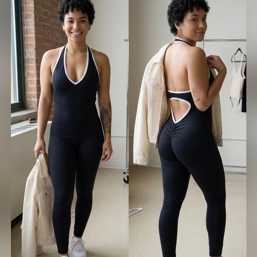 Black Halter-Back Jumpsuit with White Trim